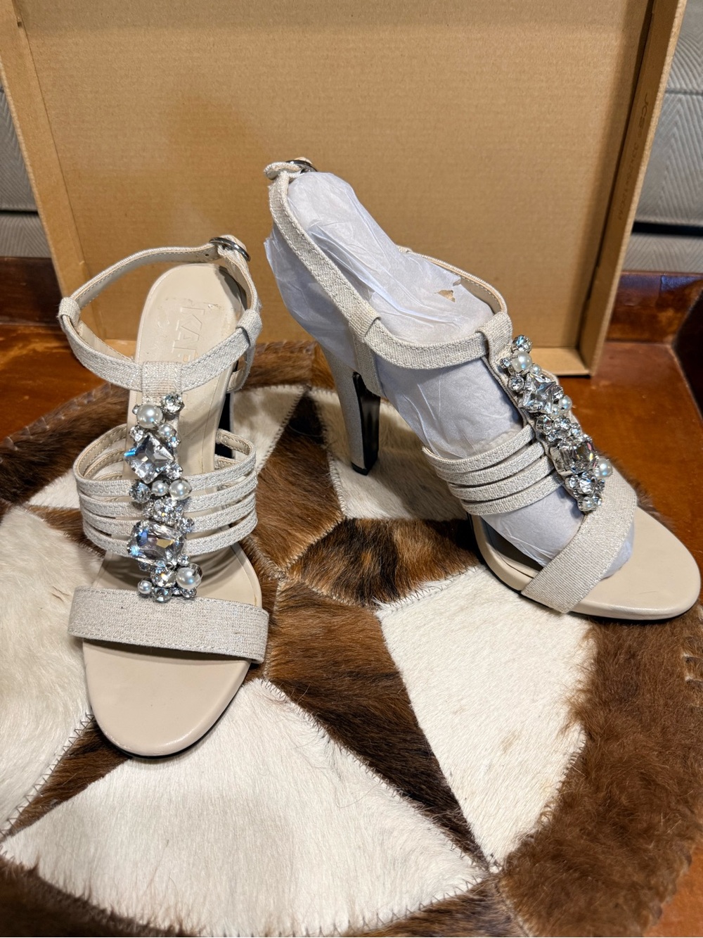 Karl Lagerfeld Ivory Crystal T-Strap High-Heel Sandals